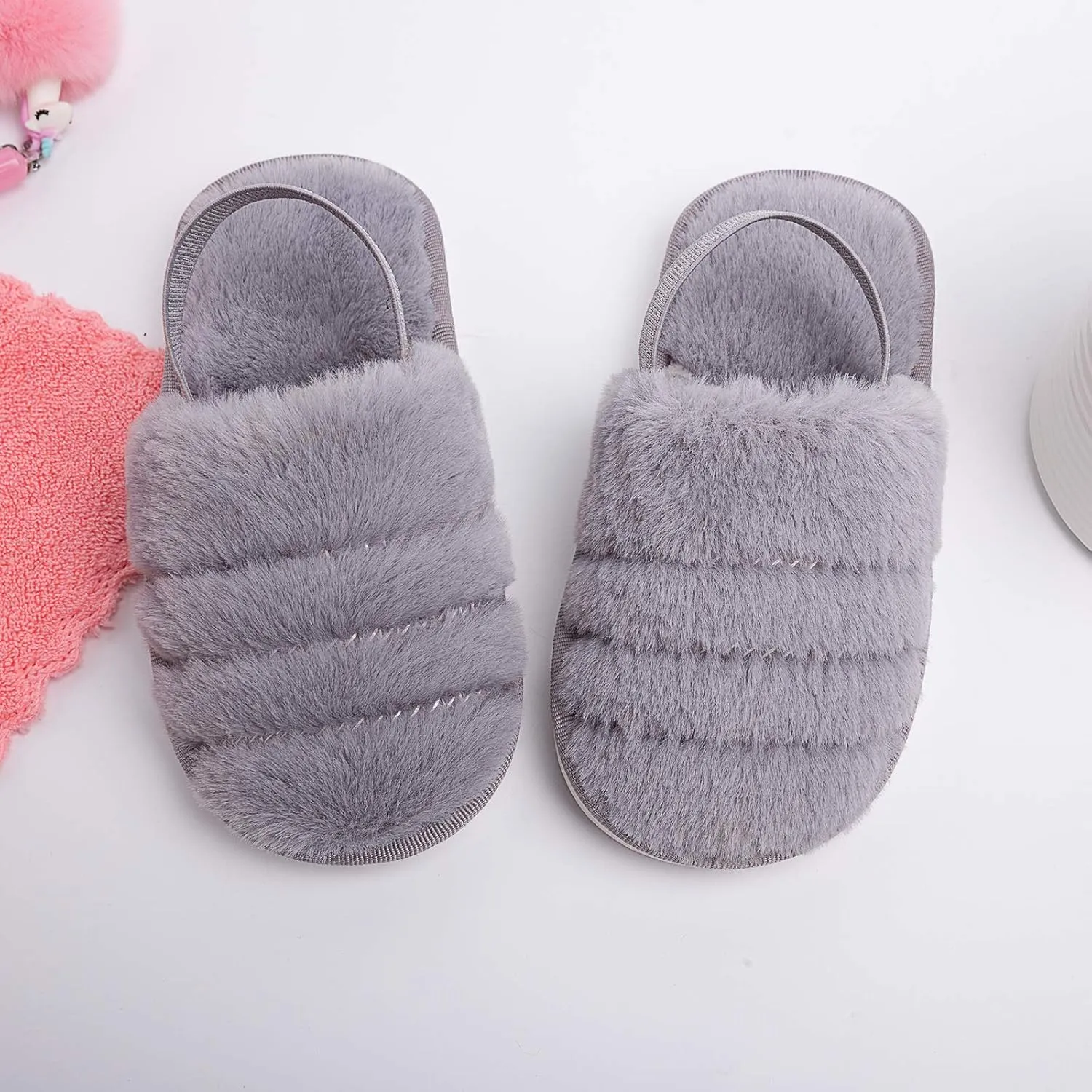 Kids Fluffy Fuzzy Slippers Open Toe House Home Slippers for Boys and Girls Faux Fur Slides with Strap Little Kids Slip-on Shoes
