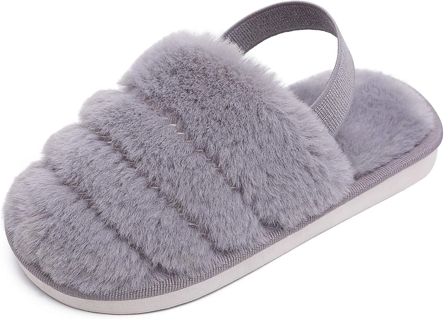 Kids Fluffy Fuzzy Slippers Open Toe House Home Slippers for Boys and Girls Faux Fur Slides with Strap Little Kids Slip-on Shoes