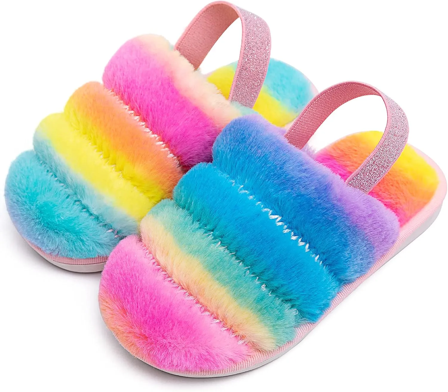 Kids Fluffy Fuzzy Slippers Open Toe House Home Slippers for Boys and Girls Faux Fur Slides with Strap Little Kids Slip-on Shoes