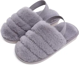 Kids Fluffy Fuzzy Slippers Open Toe House Home Slippers for Boys and Girls Faux Fur Slides with Strap Little Kids Slip-on Shoes
