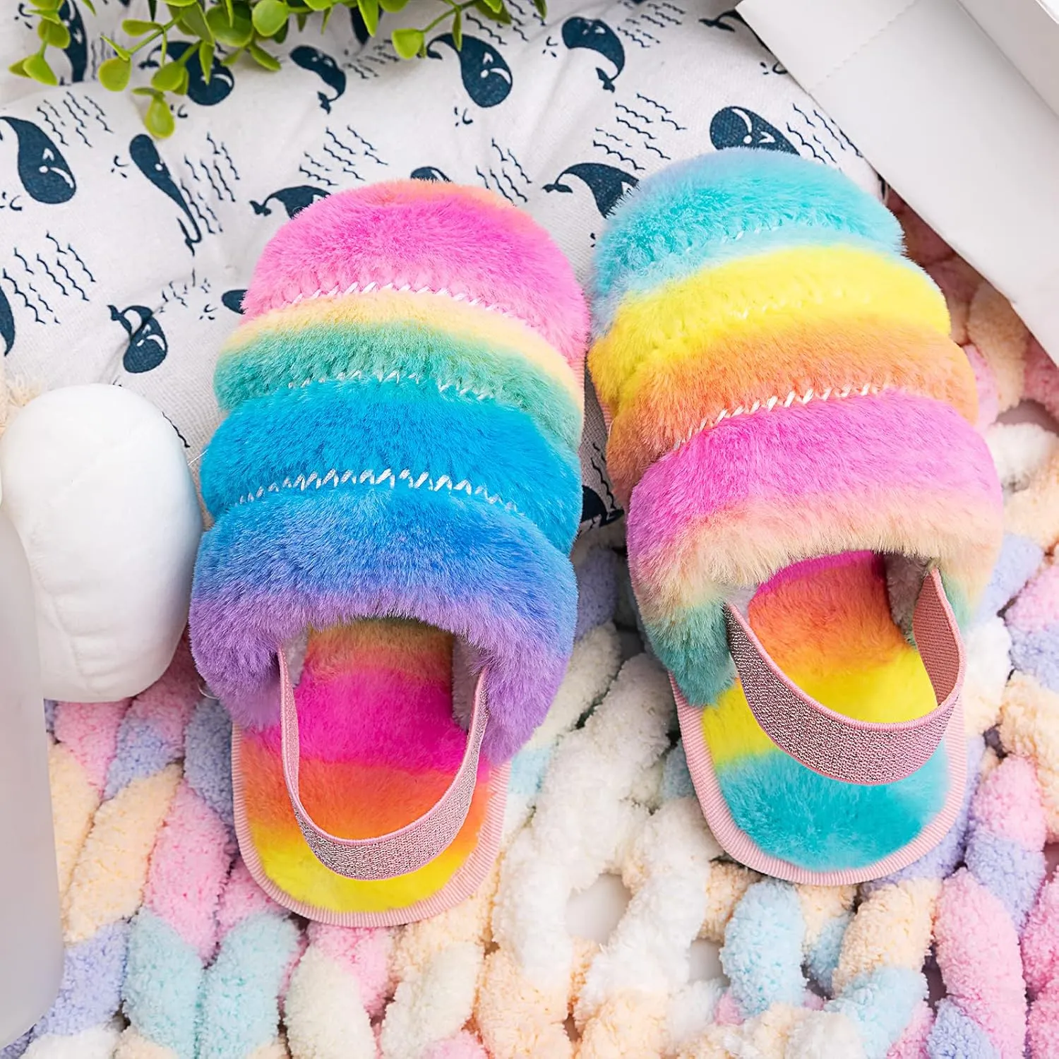 Kids Fluffy Fuzzy Slippers Open Toe House Home Slippers for Boys and Girls Faux Fur Slides with Strap Little Kids Slip-on Shoes
