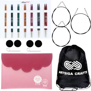 KnitPro Dreamz Midi Set 4 inch Circular Knitting Needles Size 2.5, 3, 4, 5, 6, 7, 8 Interchangeable, 3 Cables, 4 Caps, 2 Keys, Fabric Case with Project Bag