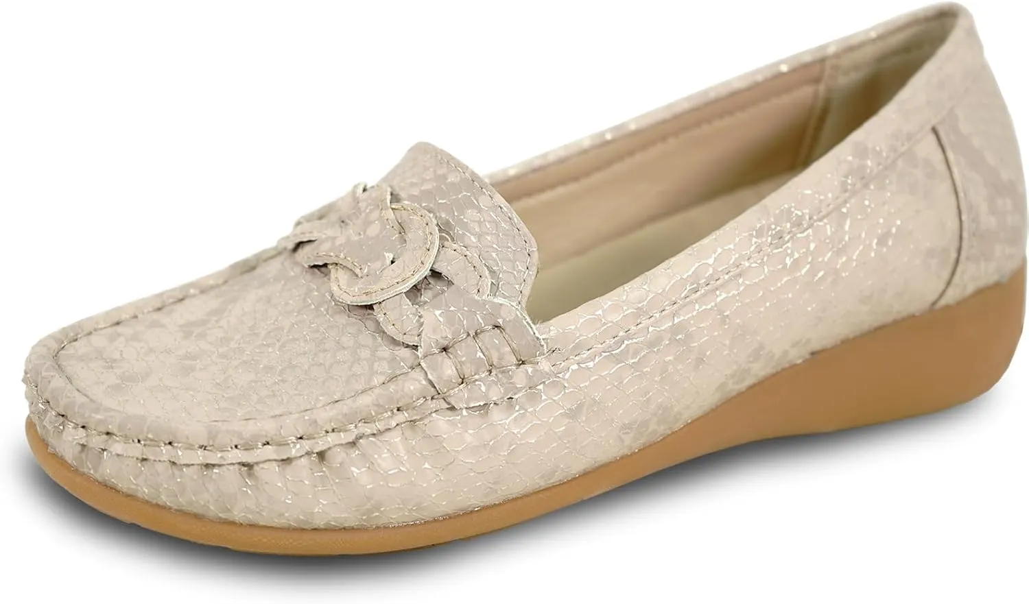 KOZI Women Comfort Casual Wedge Shoe Slip-On Loafer ML Collection Round Toe Penny Loafer Removable Insole Black Champagne