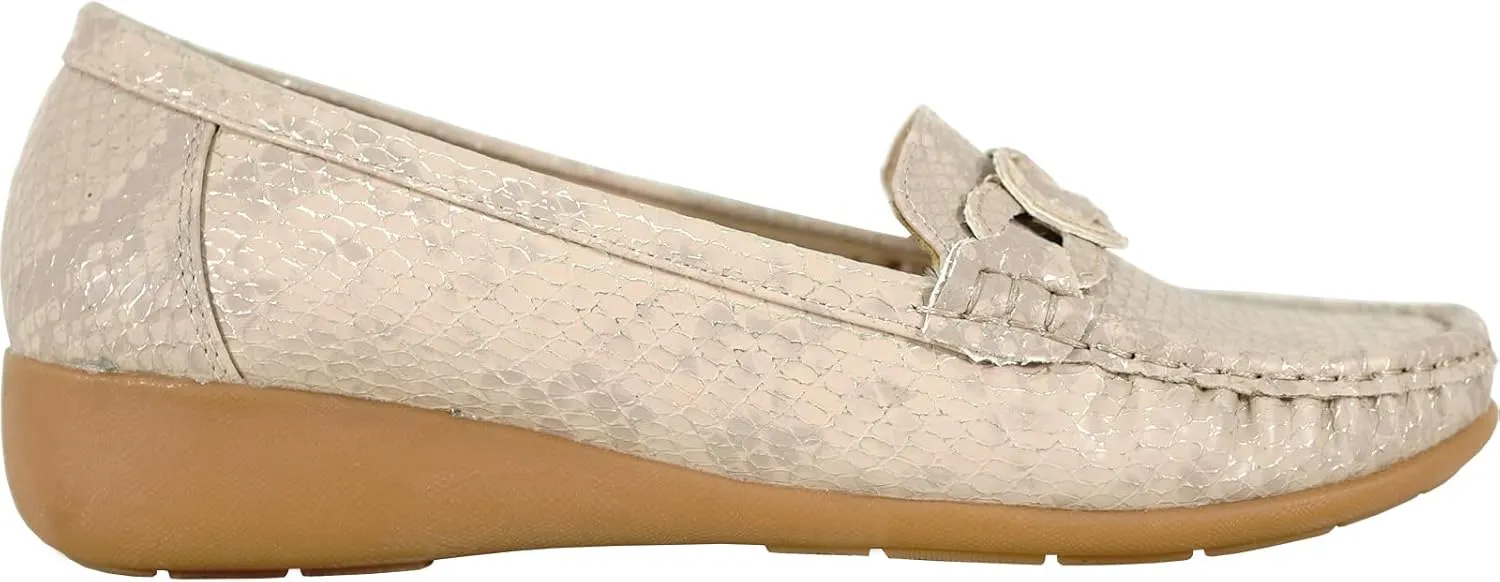 KOZI Women Comfort Casual Wedge Shoe Slip-On Loafer ML Collection Round Toe Penny Loafer Removable Insole Black Champagne
