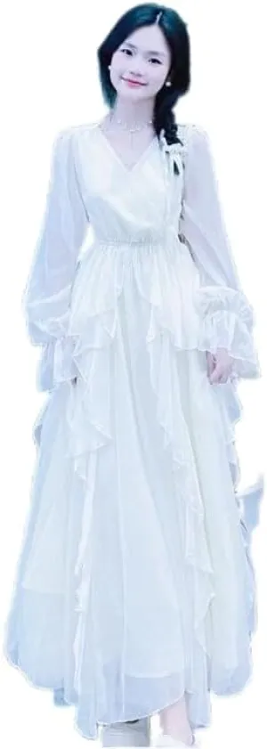 Ladies Chiffon V-Neck Wedding Bridesmaid Dress, Slim Teardrop White Gown