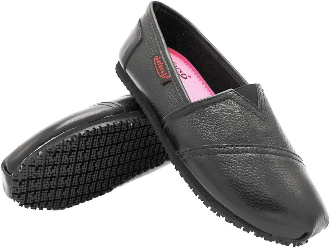 Laforst Womens Leather Nonslip Waitress Server Slip On Flat Black