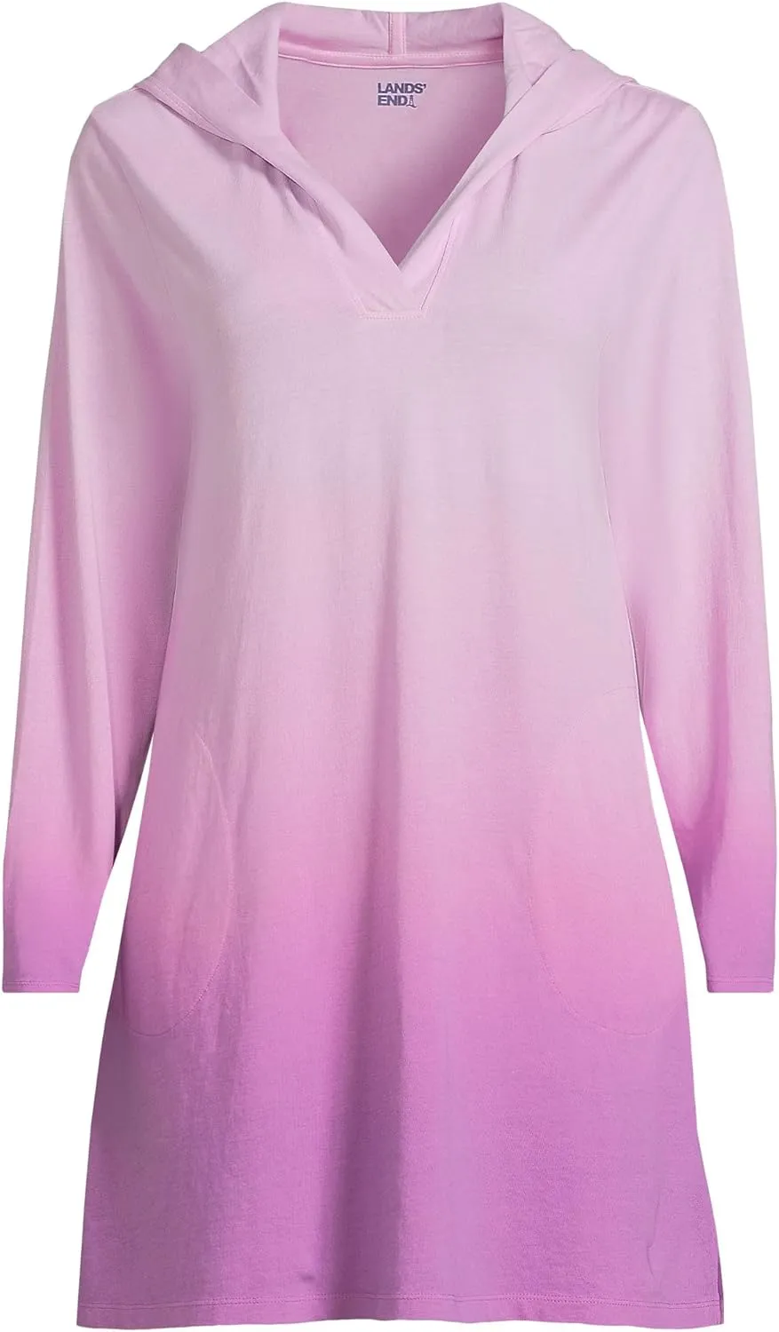 Lands' End Women's Cotton Jersey Long Sleeve Hooded Swim Cover-up Dress