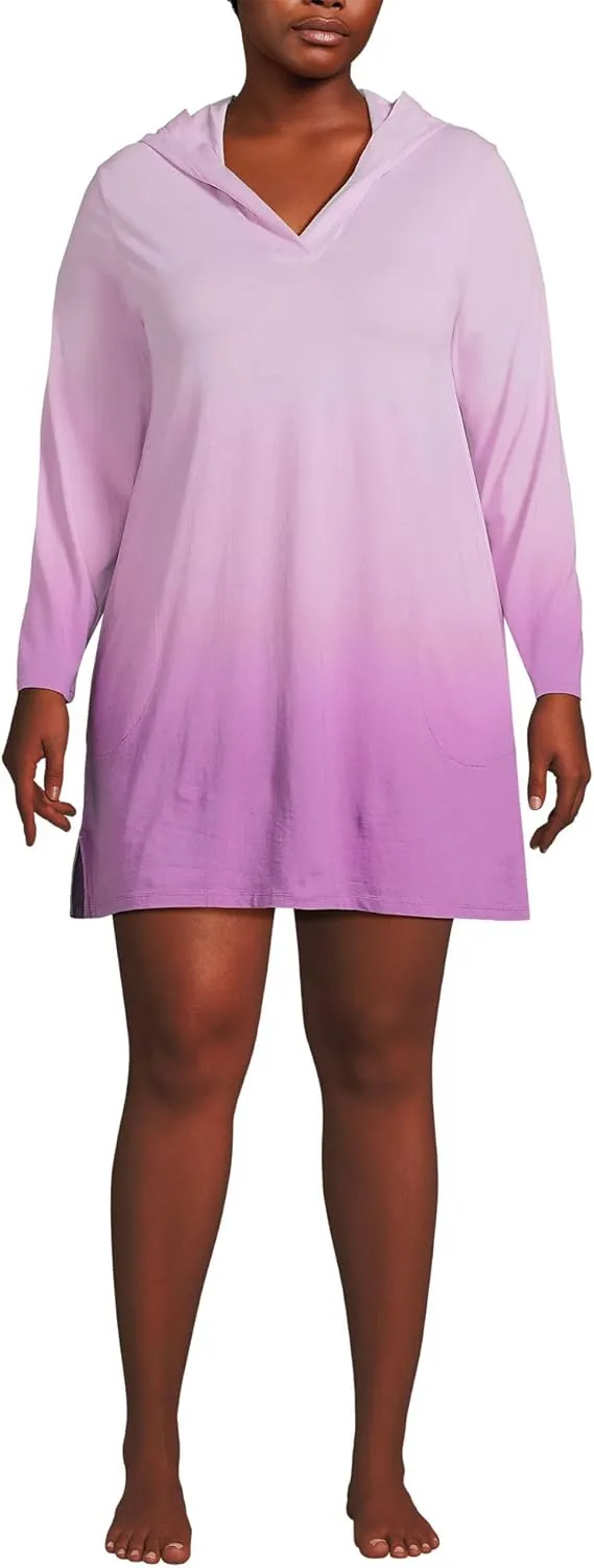 Lands' End Women's Cotton Jersey Long Sleeve Hooded Swim Cover-up Dress