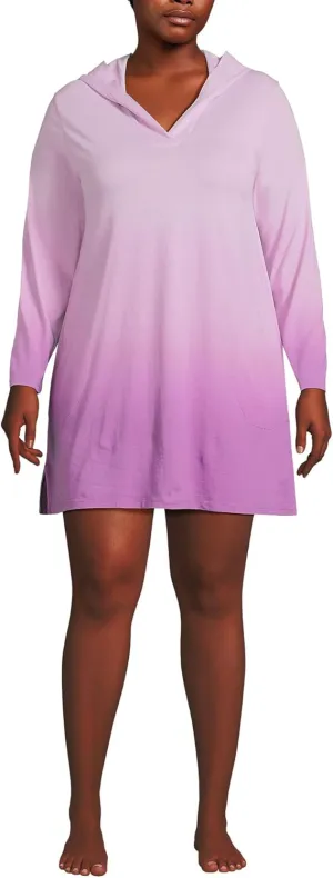 Lands' End Women's Cotton Jersey Long Sleeve Hooded Swim Cover-up Dress