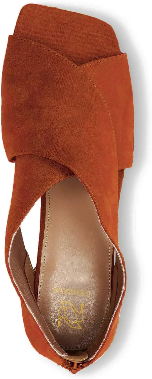 LEHOOR Women Chunky Heel Open Toe Booties Suede Side Cut-Out Ankle Boots Square Peep Toe 2 Inch Block Mid Heels Dress Heeled Sandal Booties Back Zipper Summer Casual Size 4-11 M US