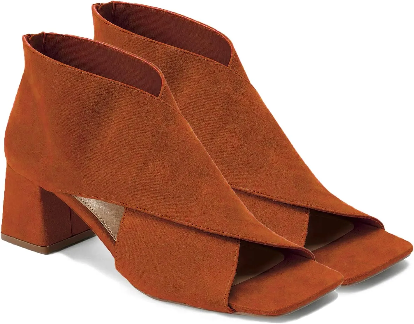 LEHOOR Women Chunky Heel Open Toe Booties Suede Side Cut-Out Ankle Boots Square Peep Toe 2 Inch Block Mid Heels Dress Heeled Sandal Booties Back Zipper Summer Casual Size 4-11 M US
