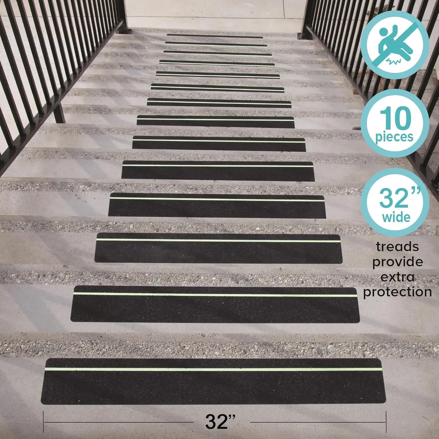 LifeGrip Anti Slip Traction Treads with Glow in Dark Stripe (10-Pack), 4" X 32", Best Grip Tape Grit Non Slip, Outdoor Non Skid Tape, High Traction Friction Abrasive Adhesive for Stairs Step