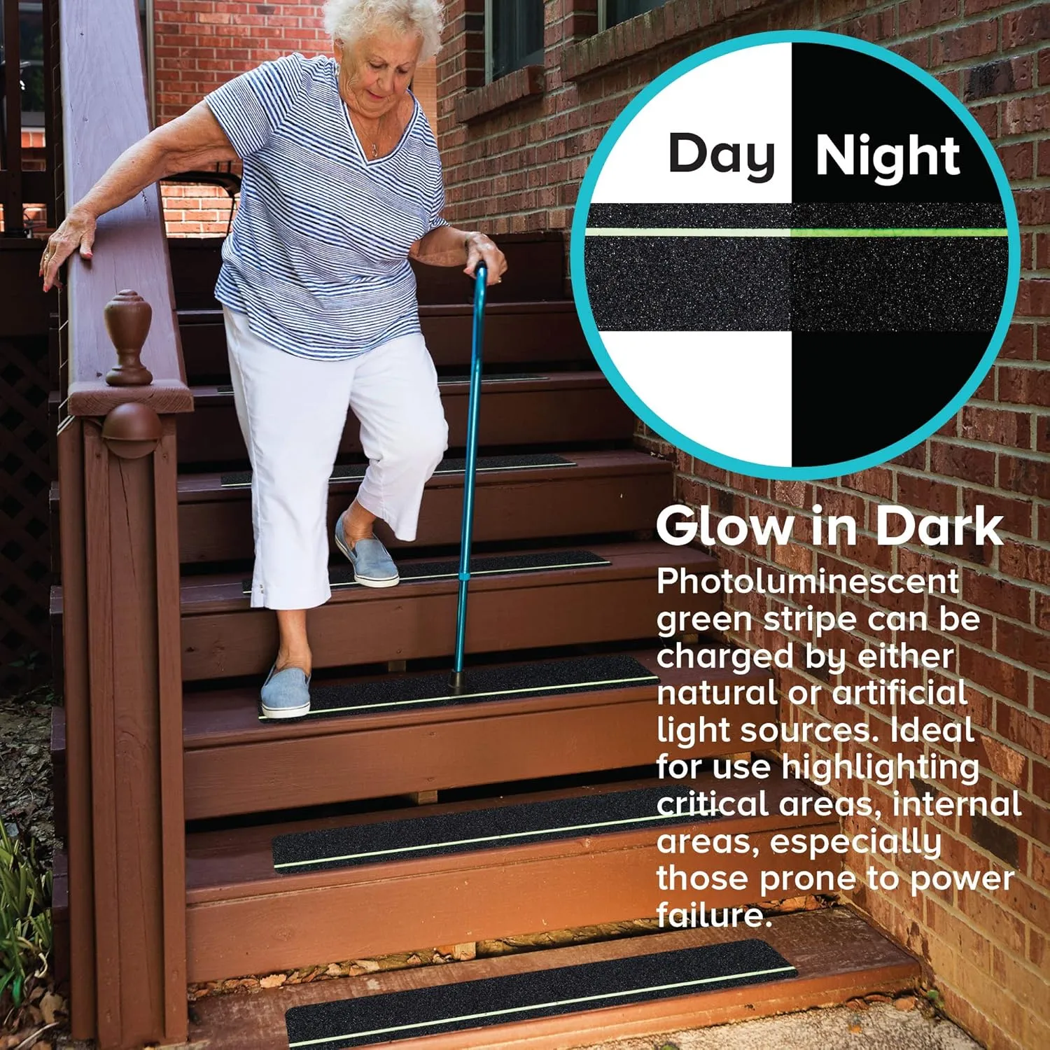 LifeGrip Anti Slip Traction Treads with Glow in Dark Stripe (10-Pack), 4" X 32", Best Grip Tape Grit Non Slip, Outdoor Non Skid Tape, High Traction Friction Abrasive Adhesive for Stairs Step