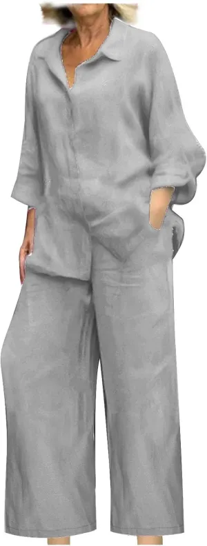 Linen 2 Piece Sets For Women Summer 2024 Loose Long Sleeve Shirts Wide Leg Pant Matching Set Plus Size Vacation Outfits