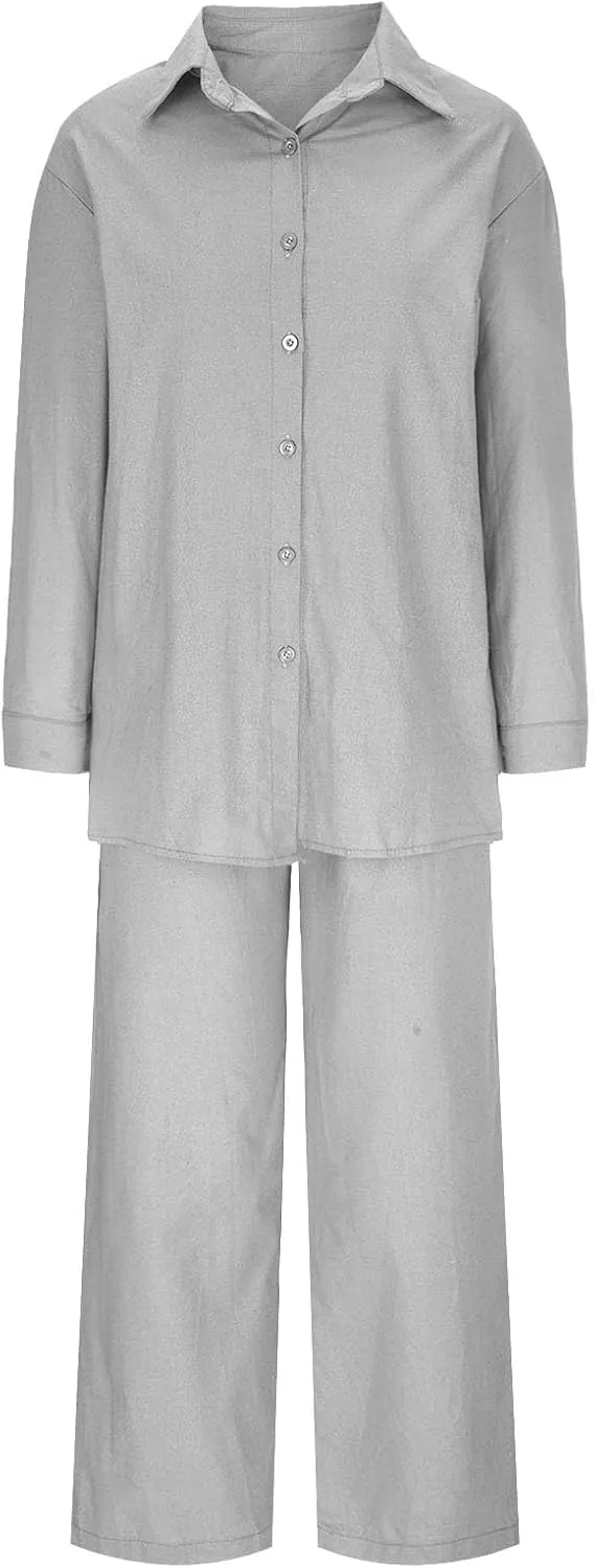 Linen 2 Piece Sets For Women Summer 2024 Loose Long Sleeve Shirts Wide Leg Pant Matching Set Plus Size Vacation Outfits