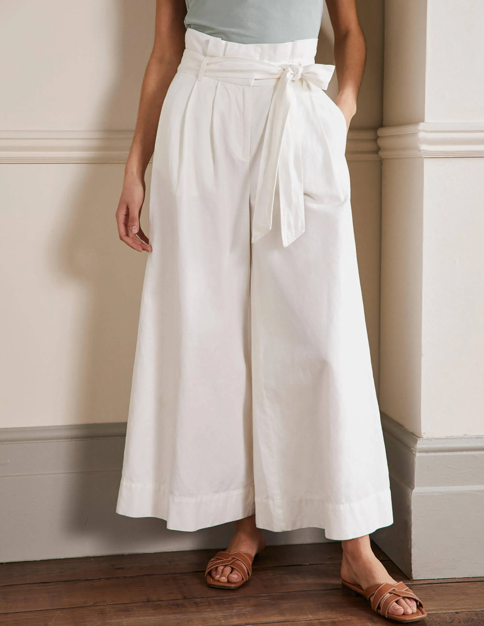 Linen Blend Wide Leg Culottes-White