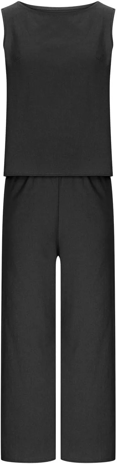 Linen Tops And Wide Leg Capri Pants Set For Women Plus Size Summer Vacation Outfits 2 Piece Matching Lounge Sets