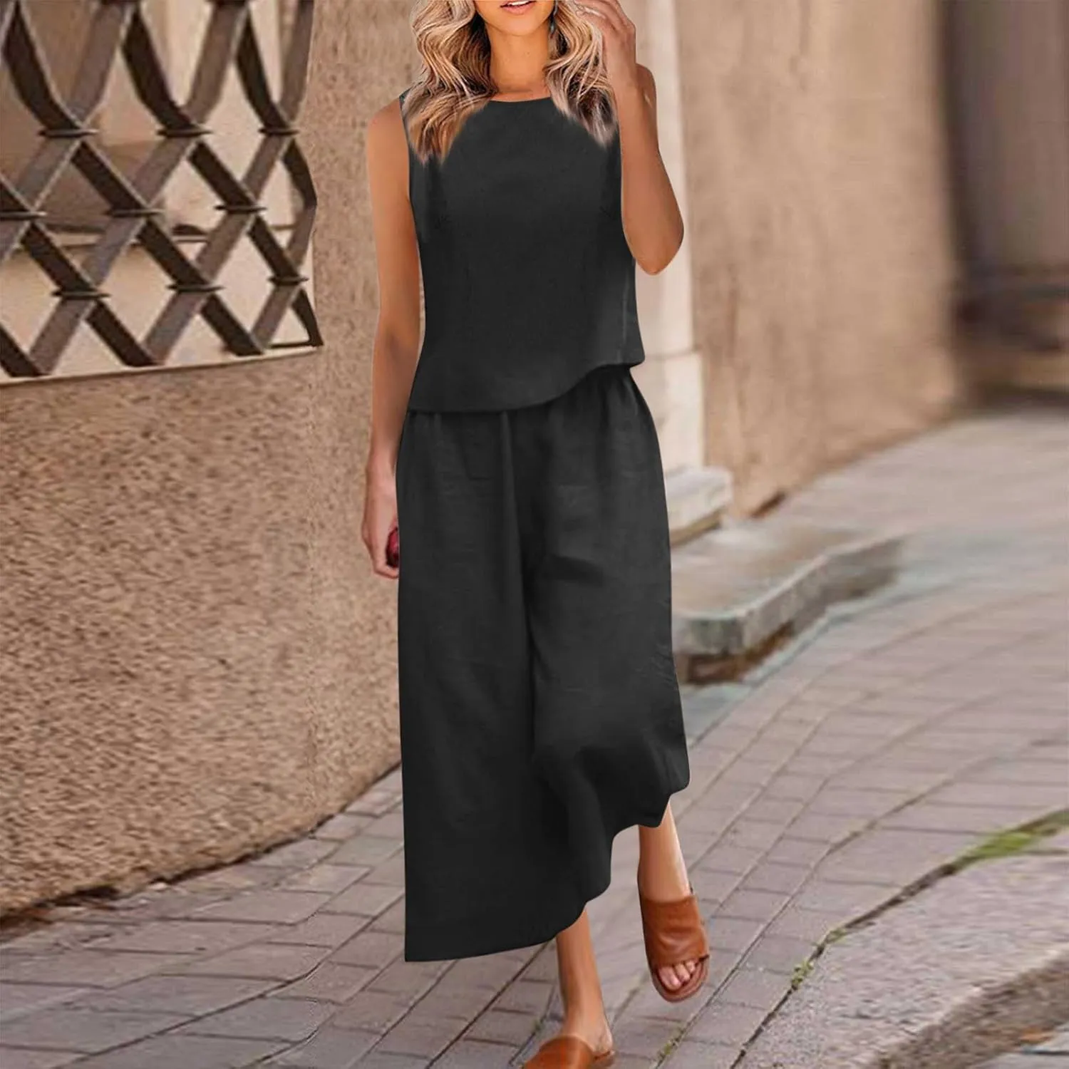 Linen Tops And Wide Leg Capri Pants Set For Women Plus Size Summer Vacation Outfits 2 Piece Matching Lounge Sets