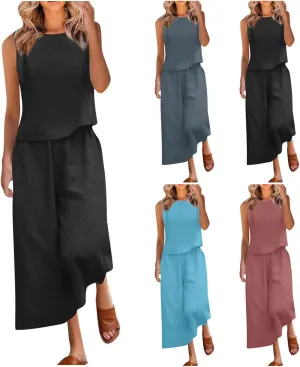 Linen Tops And Wide Leg Capri Pants Set For Women Plus Size Summer Vacation Outfits 2 Piece Matching Lounge Sets