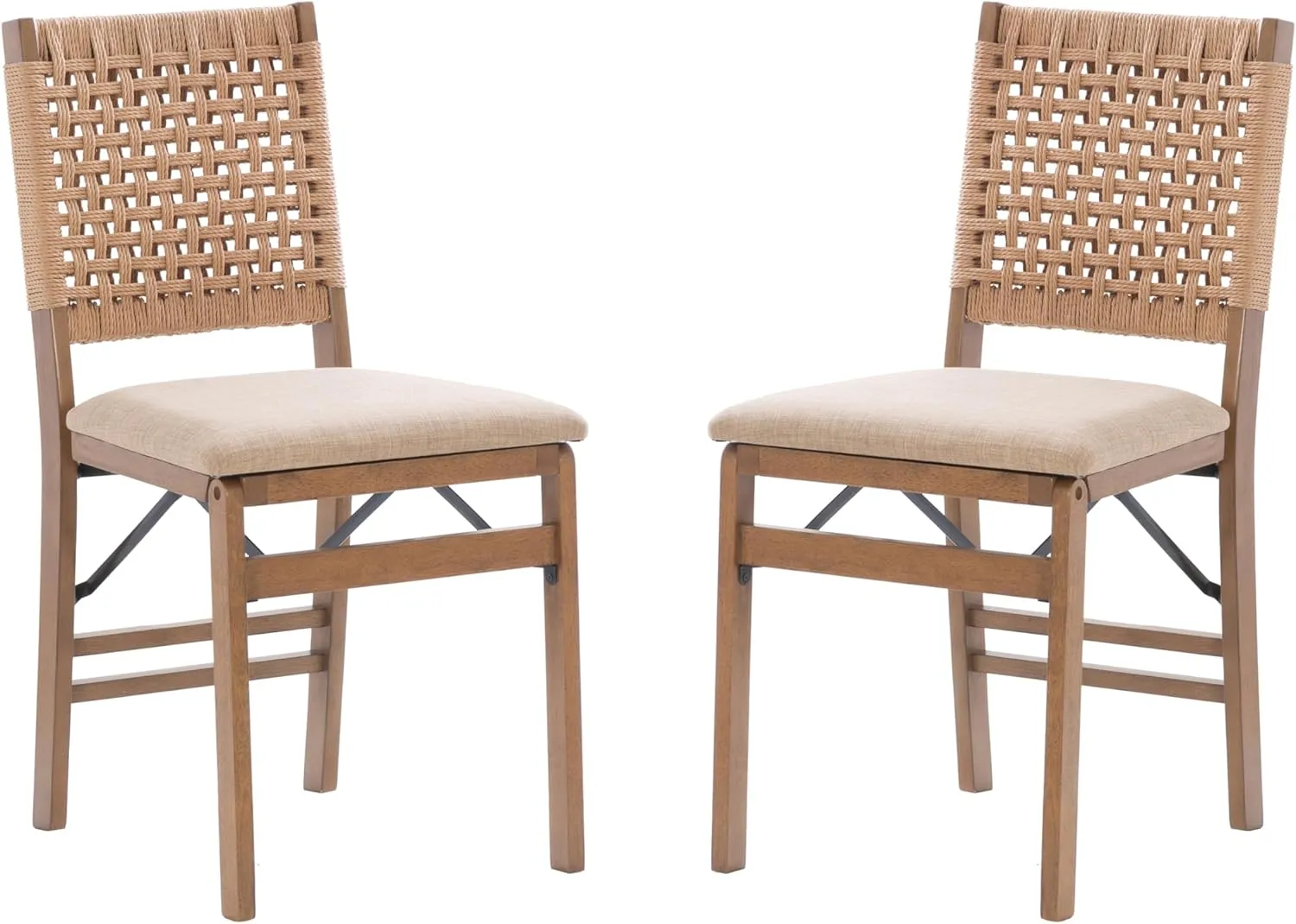 Linon Bennett Natural Folding Chair with Woven Rope Back and Linen Upholstered Seat Set of 2