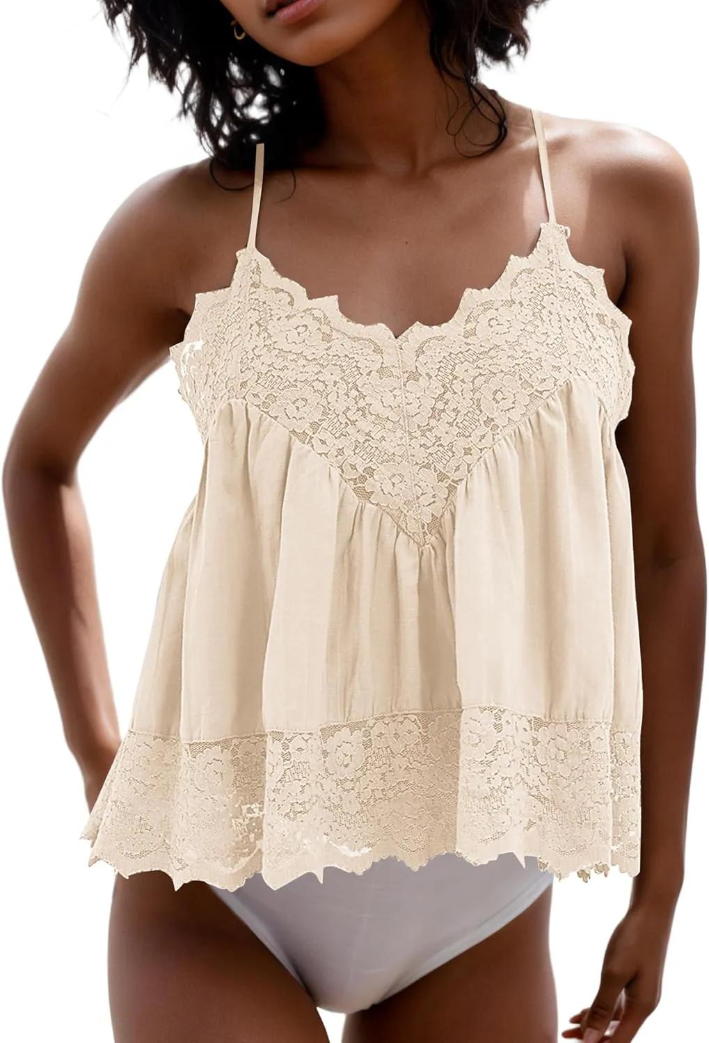 Livtany Women Lace Trim Scalloped Hem Tank Top Sleeveless Backless Peplum Flowy Cami Top Spaghetti Strap V Neck Sexy Camisole