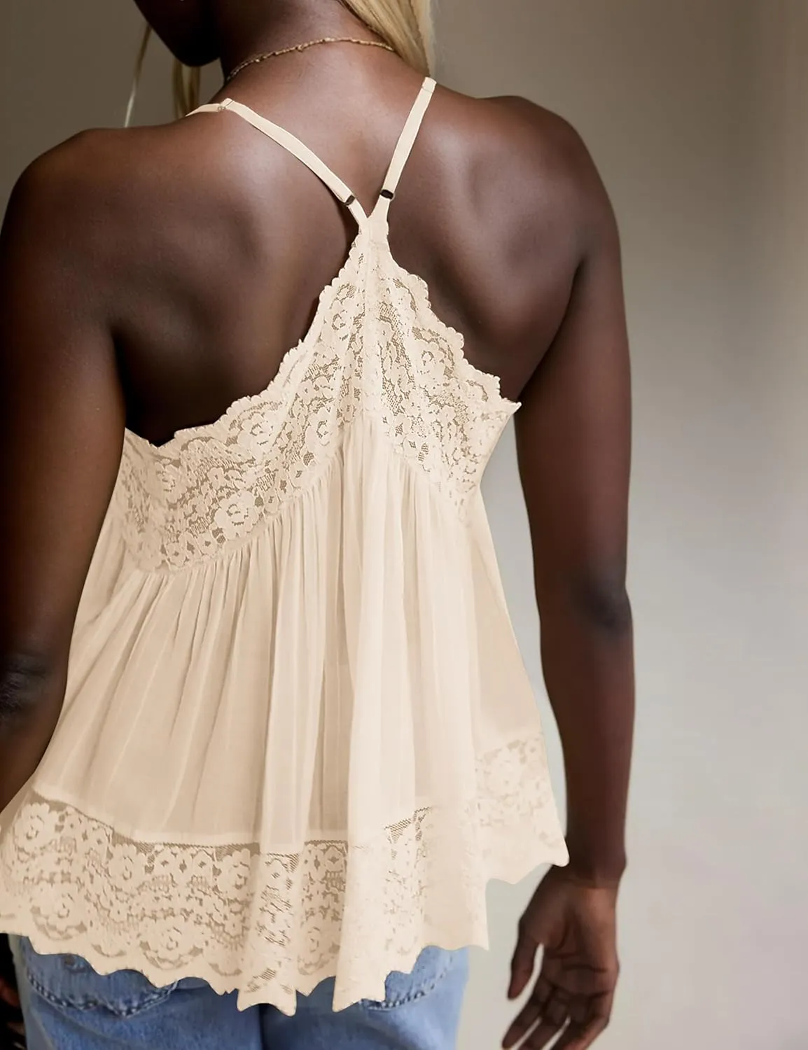 Livtany Women Lace Trim Scalloped Hem Tank Top Sleeveless Backless Peplum Flowy Cami Top Spaghetti Strap V Neck Sexy Camisole