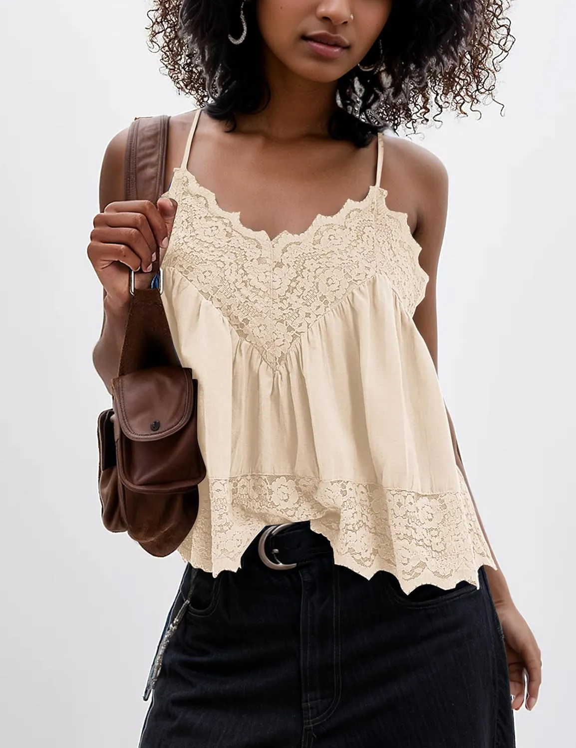 Livtany Women Lace Trim Scalloped Hem Tank Top Sleeveless Backless Peplum Flowy Cami Top Spaghetti Strap V Neck Sexy Camisole