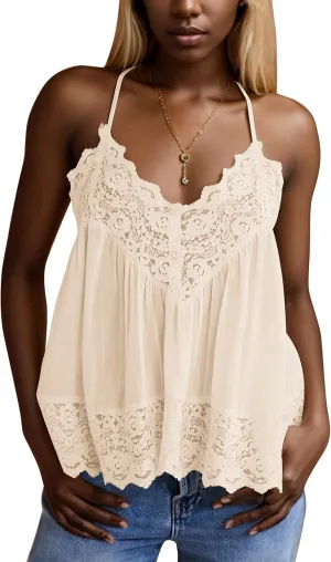Livtany Women Lace Trim Scalloped Hem Tank Top Sleeveless Backless Peplum Flowy Cami Top Spaghetti Strap V Neck Sexy Camisole
