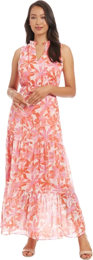 London Times Women's Sleeveless Split Neck Ruffle Maxi Elastic Waist Tiered Flowy Chiffon Wedding Guest Dress