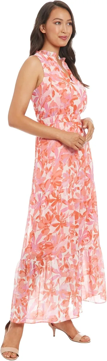 London Times Women's Sleeveless Split Neck Ruffle Maxi Elastic Waist Tiered Flowy Chiffon Wedding Guest Dress