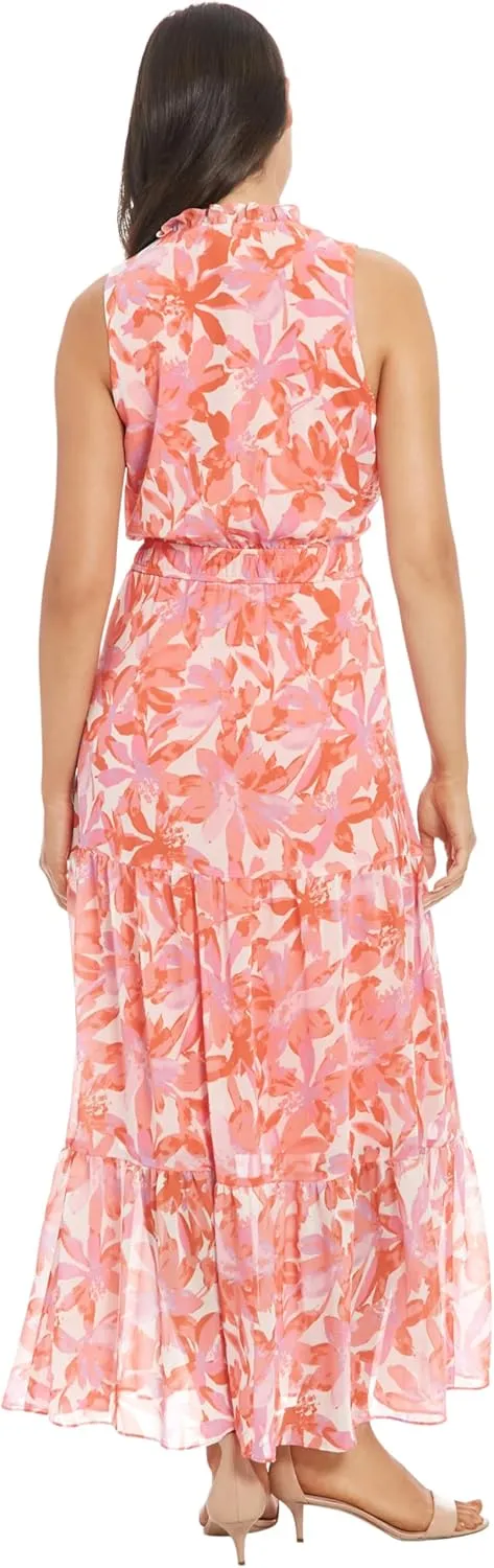 London Times Women's Sleeveless Split Neck Ruffle Maxi Elastic Waist Tiered Flowy Chiffon Wedding Guest Dress