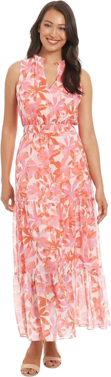 London Times Women's Sleeveless Split Neck Ruffle Maxi Elastic Waist Tiered Flowy Chiffon Wedding Guest Dress
