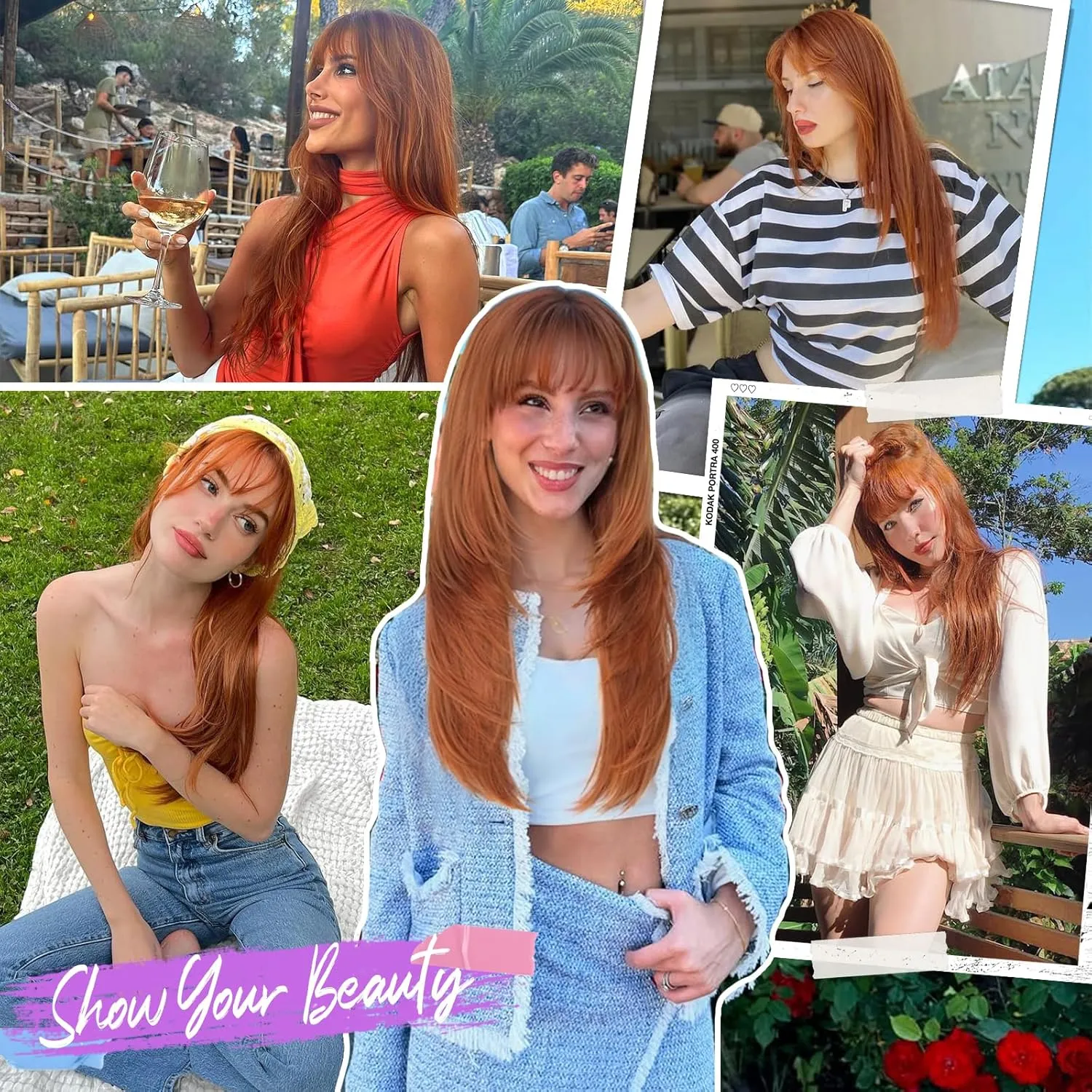 Long Ginger Wig with Bangs for Women,4x4 Realistic Scalp, Free Parting,Layered Hairstyle Synthetic Heat Resistant for Daily Party Use 26 inch