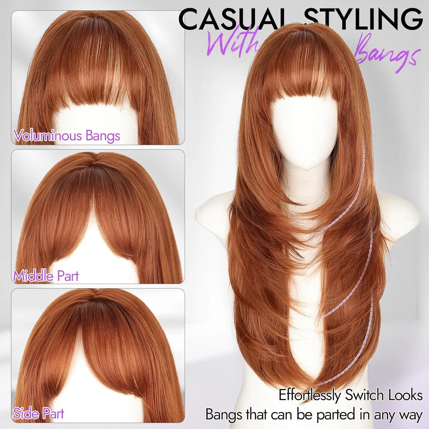 Long Ginger Wig with Bangs for Women,4x4 Realistic Scalp, Free Parting,Layered Hairstyle Synthetic Heat Resistant for Daily Party Use 26 inch