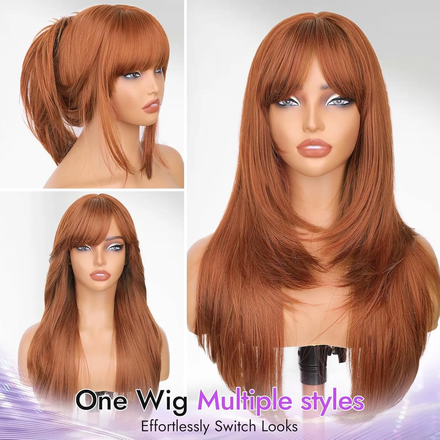 Long Ginger Wig with Bangs for Women,4x4 Realistic Scalp, Free Parting,Layered Hairstyle Synthetic Heat Resistant for Daily Party Use 26 inch