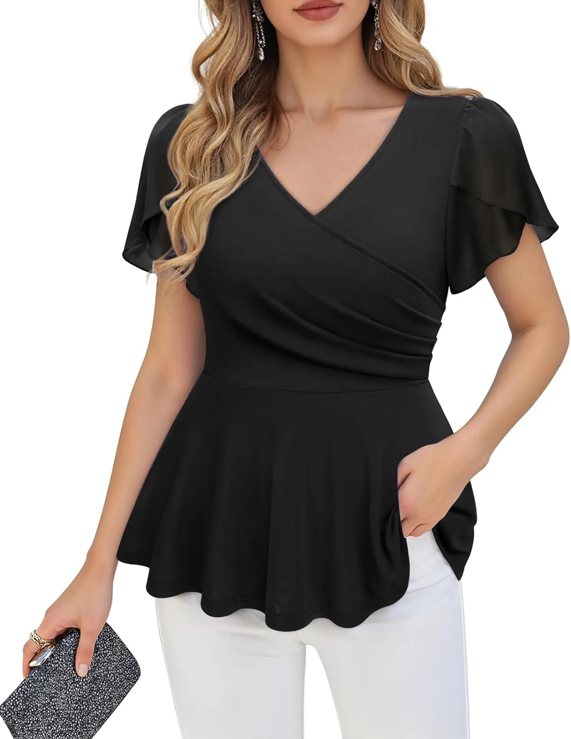 Lotusmile Womens Peplum Tops Dressy Casual Petal Sleeve Mesh Elegant Wrap Blouses for Women Work Night Out Party