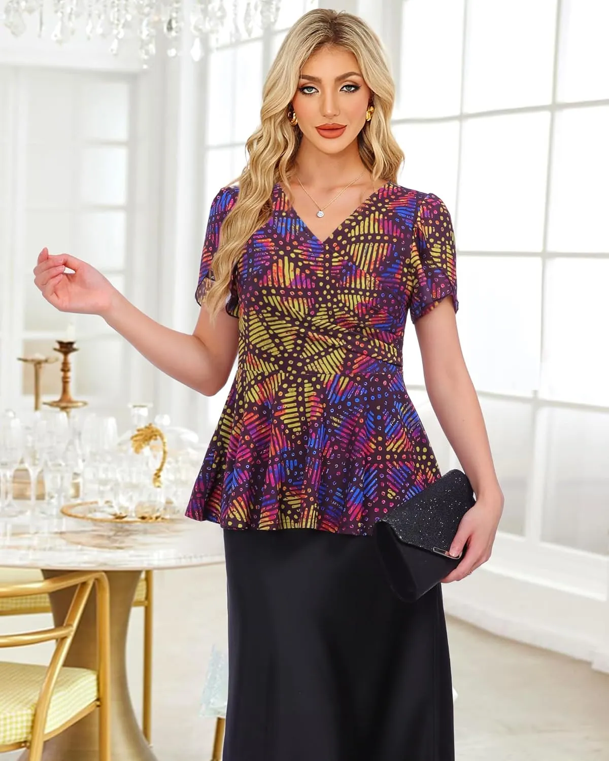 Lotusmile Womens Peplum Tops Dressy Casual Petal Sleeve Mesh Elegant Wrap Blouses for Women Work Night Out Party
