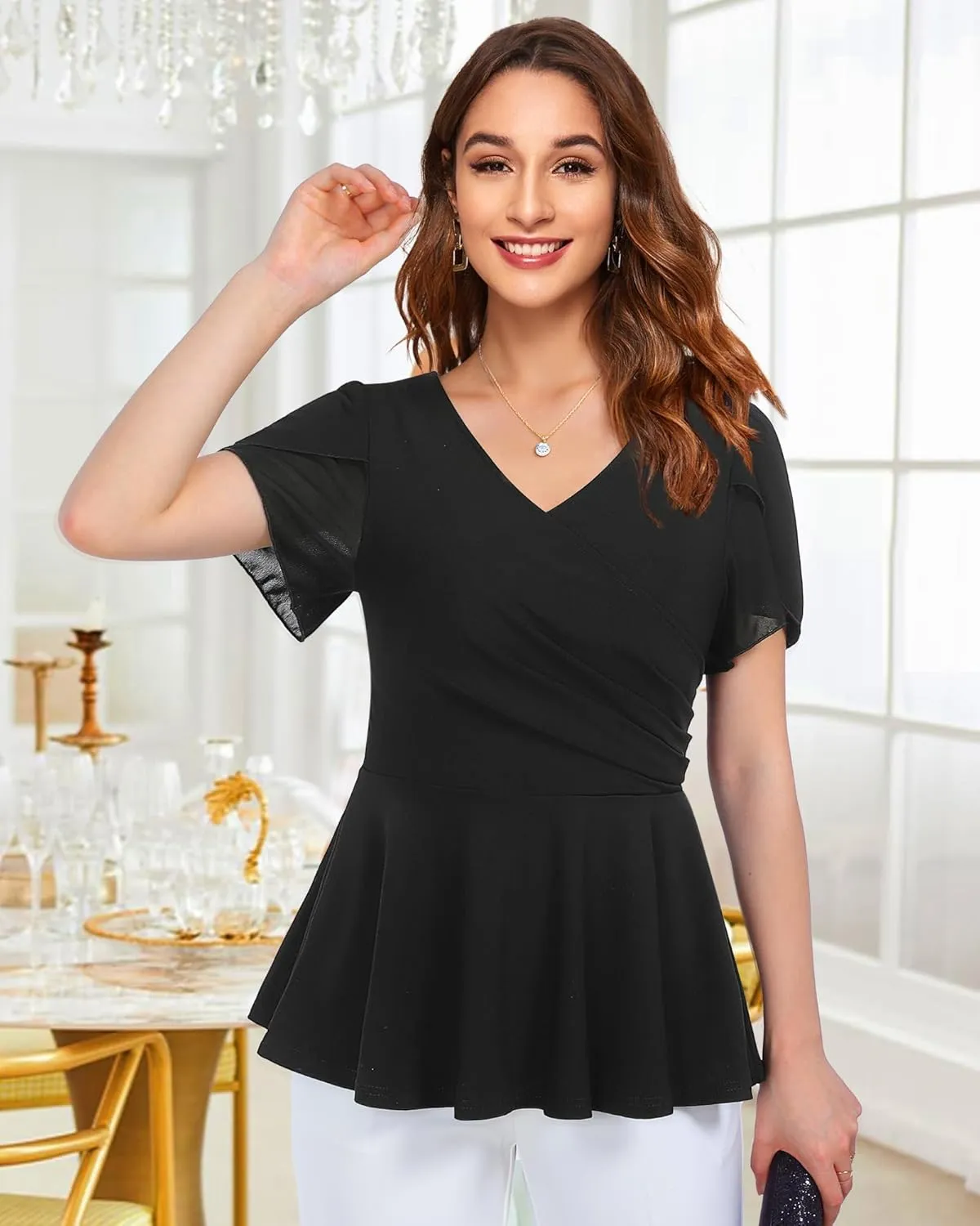 Lotusmile Womens Peplum Tops Dressy Casual Petal Sleeve Mesh Elegant Wrap Blouses for Women Work Night Out Party