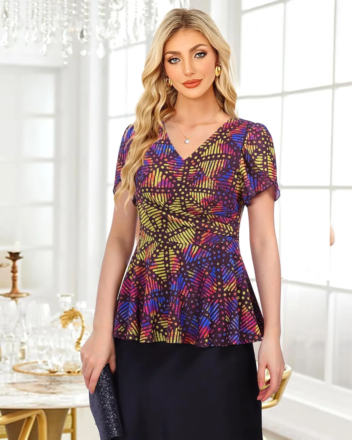 Lotusmile Womens Peplum Tops Dressy Casual Petal Sleeve Mesh Elegant Wrap Blouses for Women Work Night Out Party