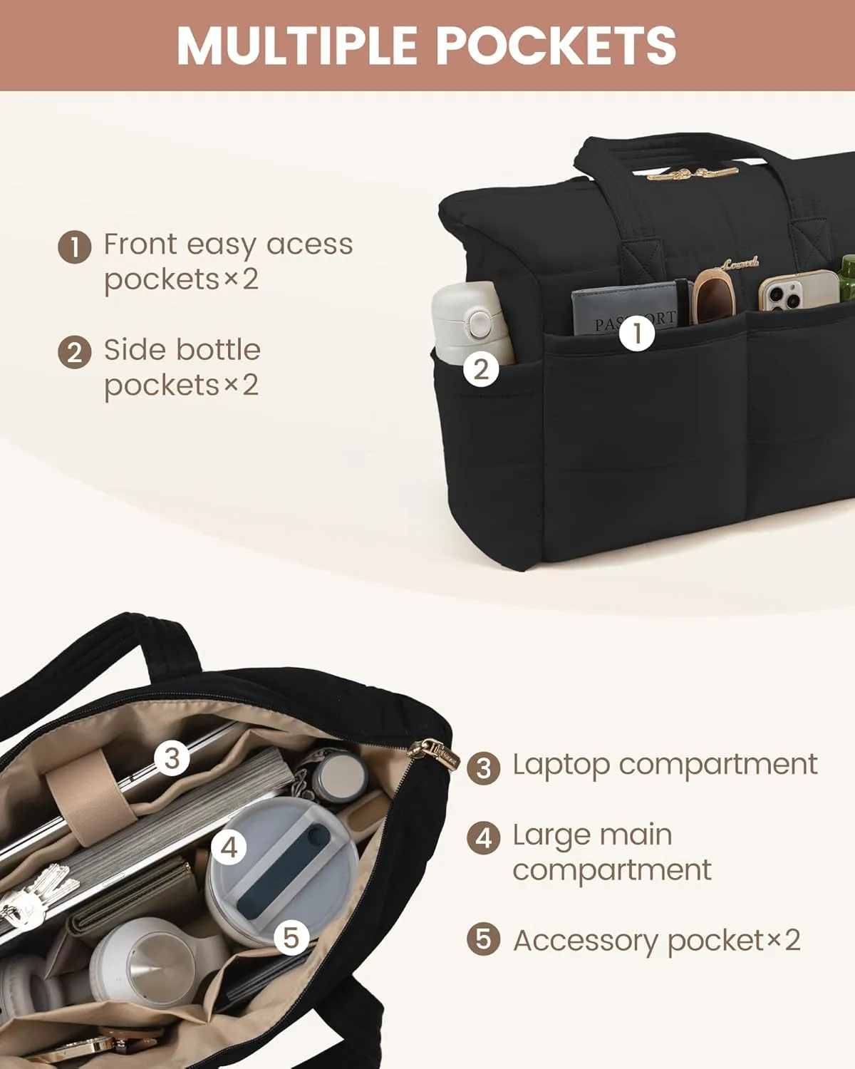 LOVEVOOK Tote Bag for Women,Light Puffer Tote Bag with Multi-pockets,Stylish Carry on Laptop Bags for Daily,Travel,Work,Gym