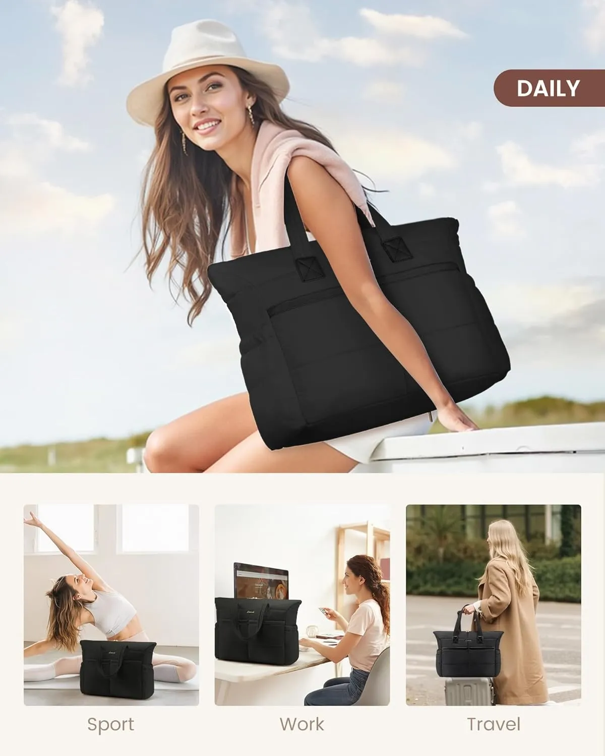LOVEVOOK Tote Bag for Women,Light Puffer Tote Bag with Multi-pockets,Stylish Carry on Laptop Bags for Daily,Travel,Work,Gym
