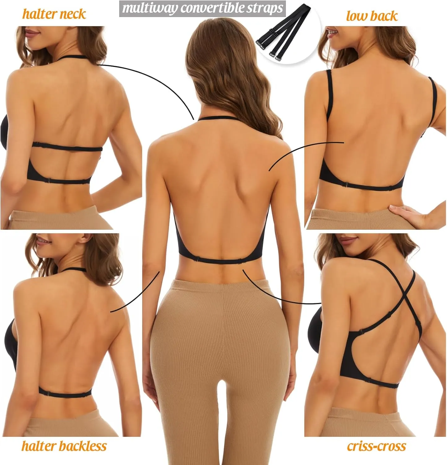 Low Back Bra for Women Wirefree Seamless Bra Backless Multiway Straps Convertible Halter Bra with Padded Removeable