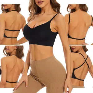 Low Back Bra for Women Wirefree Seamless Bra Backless Multiway Straps Convertible Halter Bra with Padded Removeable