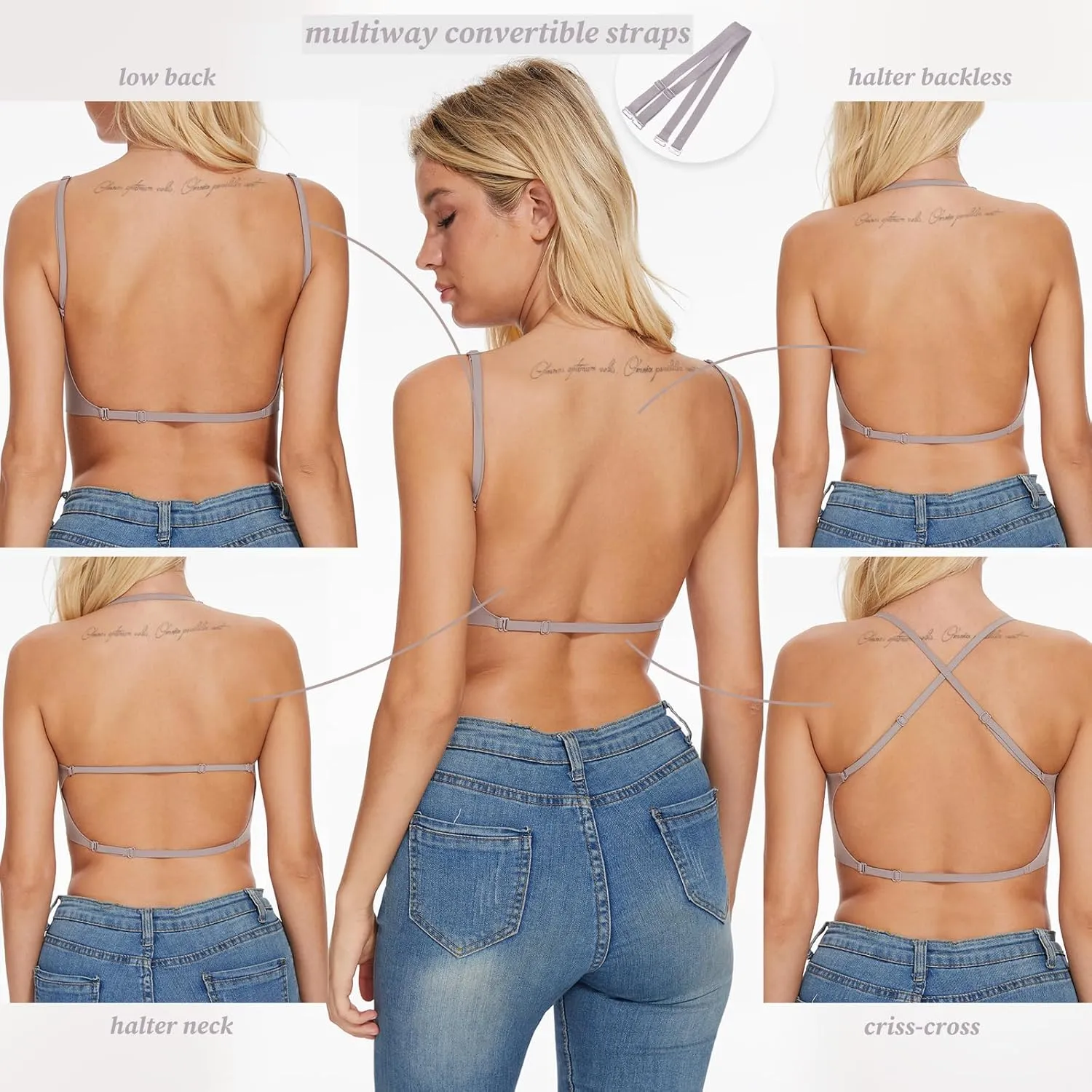 Low Back Bra for Women Wirefree Seamless Bra Backless Multiway Straps Convertible Halter Bra with Padded Removeable