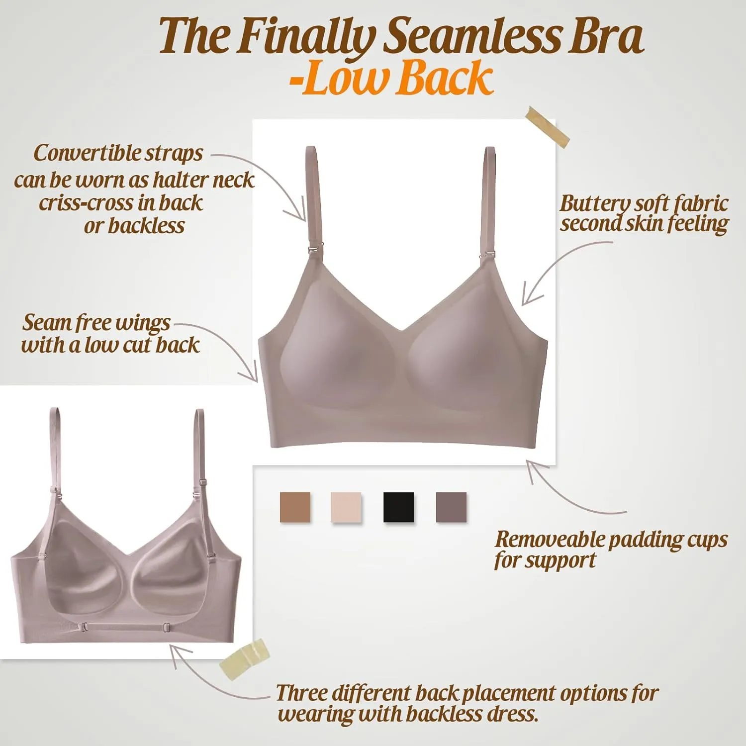 Low Back Bra for Women Wirefree Seamless Bra Backless Multiway Straps Convertible Halter Bra with Padded Removeable