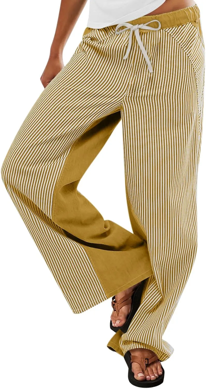 Low Rise Striped Pants for Women Pull On Drawstring Boho Wide Leg Jeans Trendy 2025