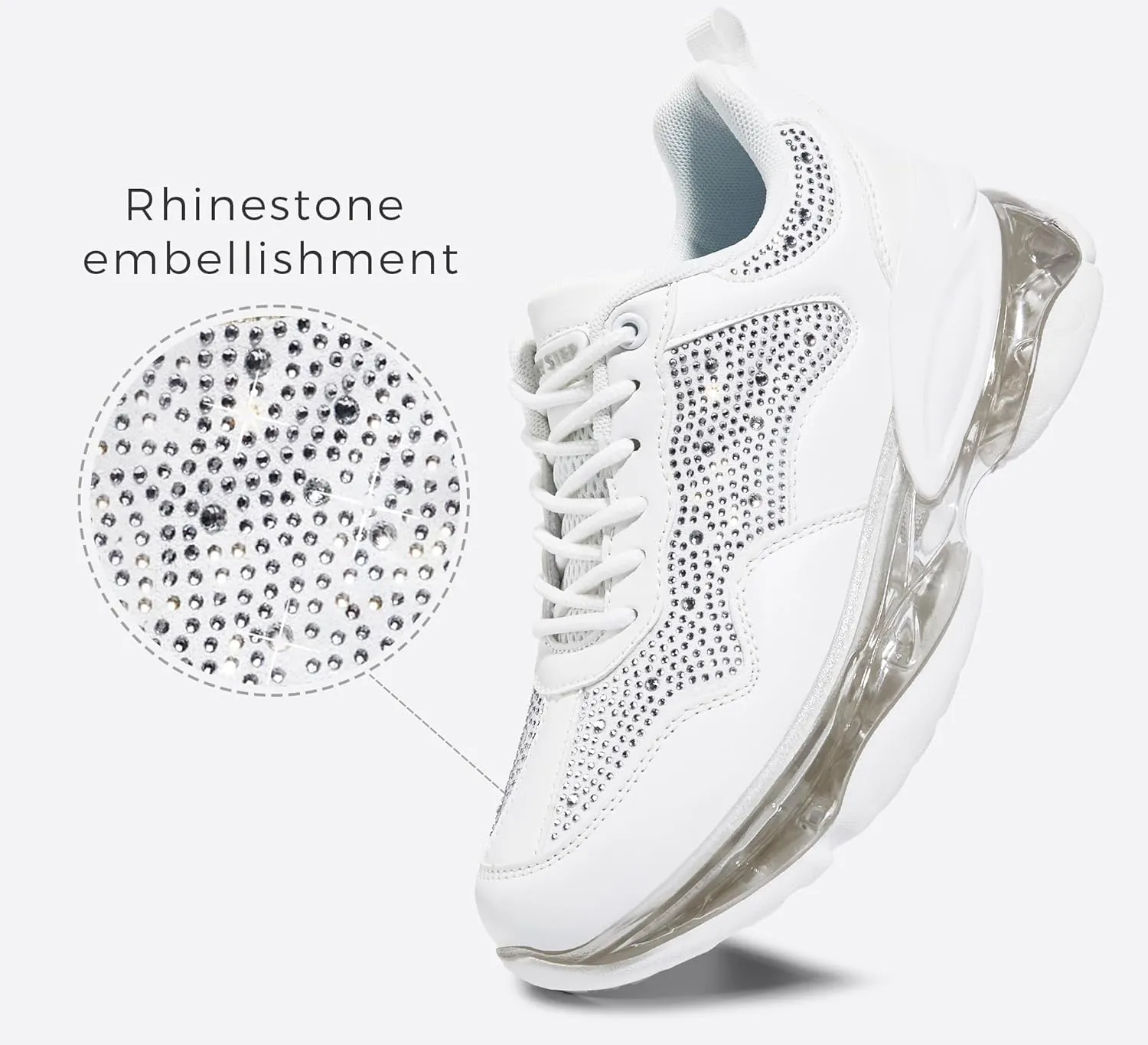 LUCKY STEP Women's Air Cushion Rhinestone Fashion Sneakers Chunky Rave Sparkly Casual Comfortable Walking Shoes