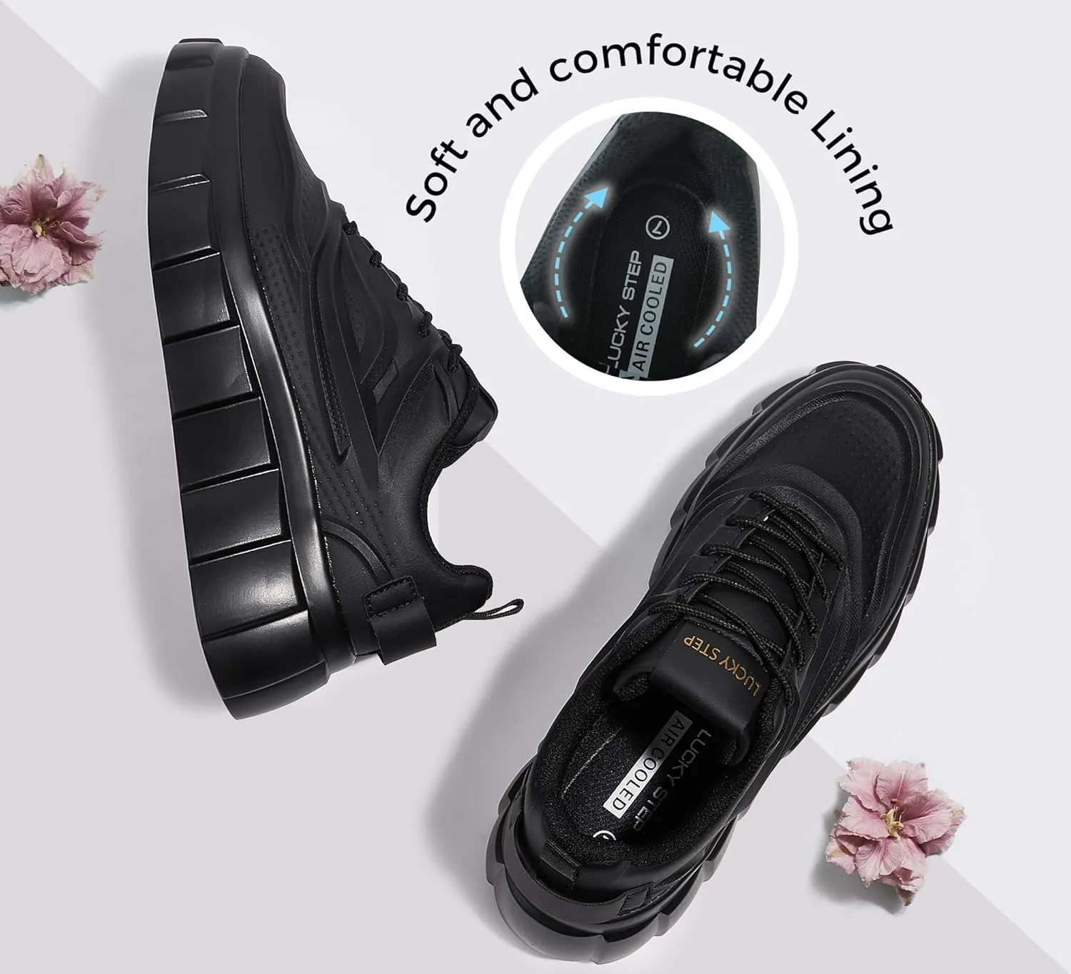 LUCKY STEP Women's Platform Fashion Sneakers Classic Tennis Faux Leather Low Top Casual Walking Shoes