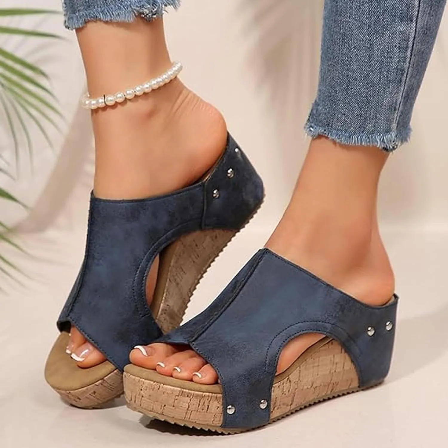Lumi Stud Wedges, Maison Birch Lumi Cork Wedges, Cork Wedge Sandals for Women, Non-slip Summer Comfy Platform Orthopedic