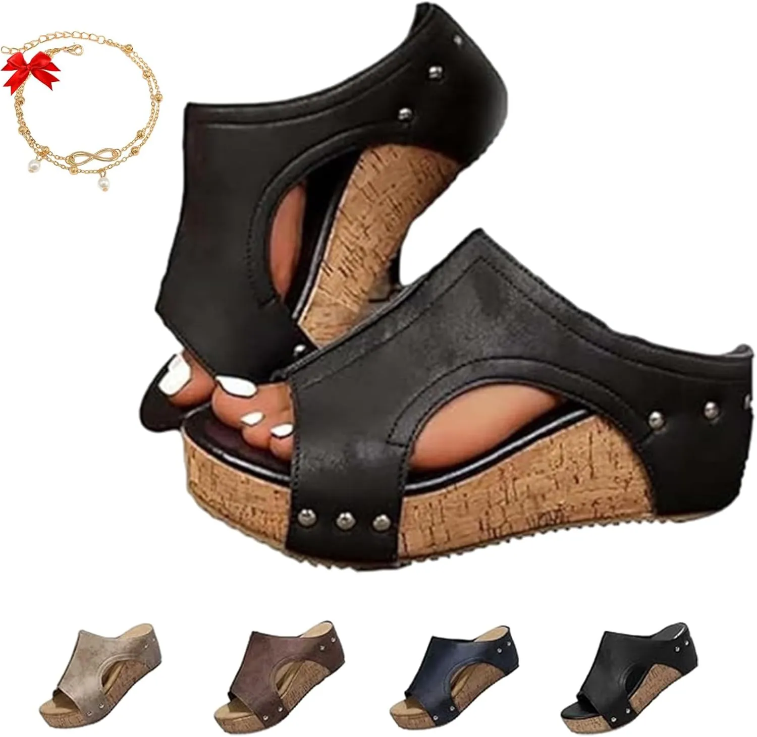 Lumi Stud Wedges, Maison Birch Lumi Cork Wedges, Cork Wedge Sandals for Women, Non-slip Summer Comfy Platform Orthopedic